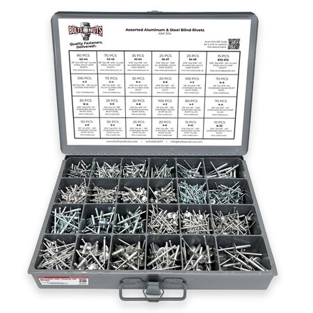 Boltsandnuts.Com Aluminum and Steel Multi-Grip, Closed-End, & Oversized Head Rivets Assortment - 1116PCS Assortment Kit #304
